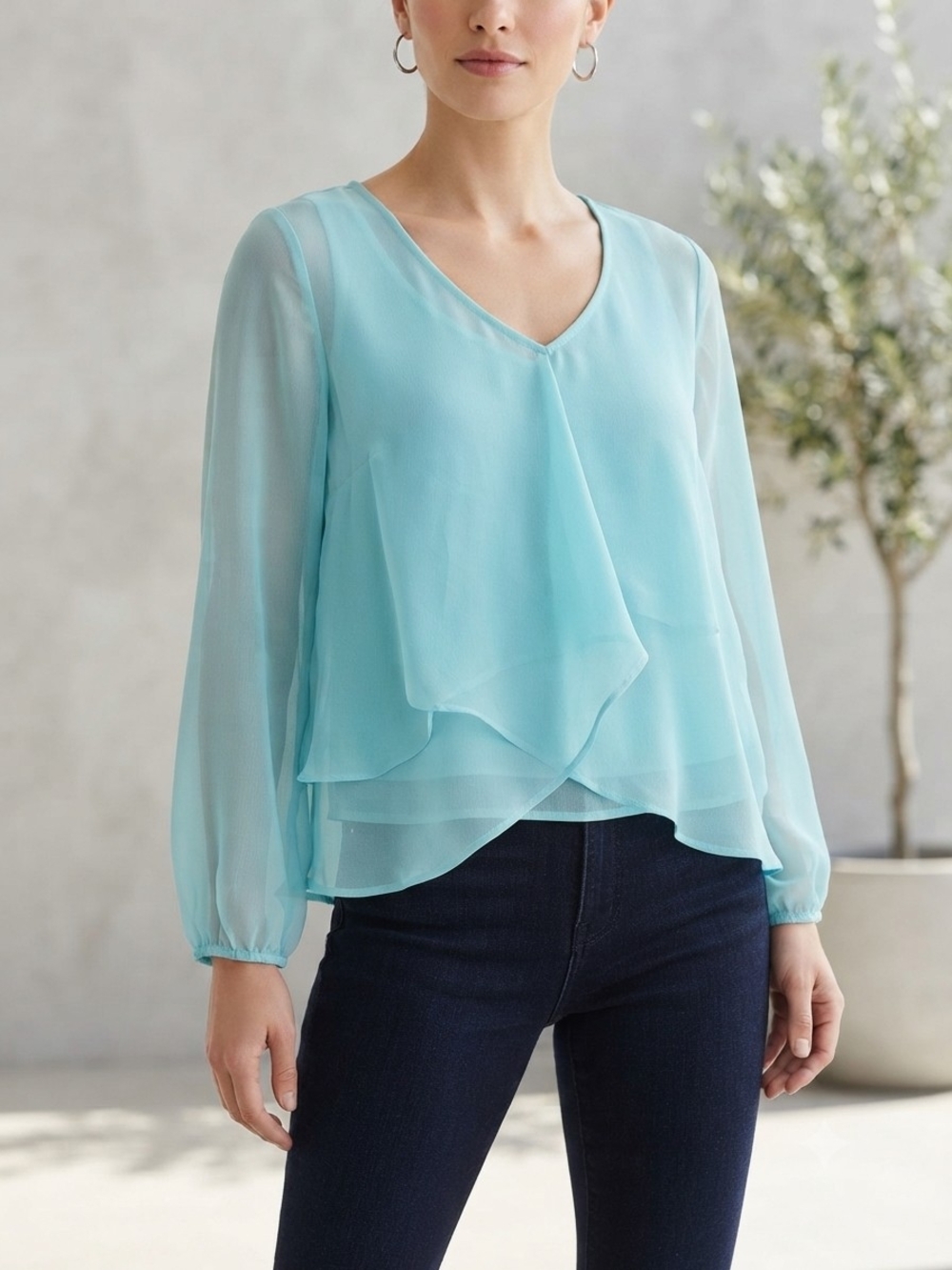 Iz Byer Aqua Layered V-Neck Chiffon Blouse